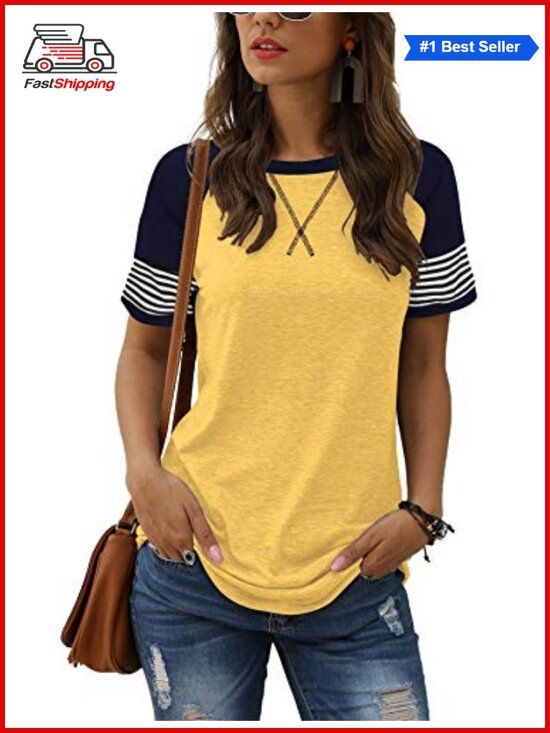 Tops - ✨Adibosy Women's Summer Tunic T-Shirt Striped Crew Neck Short Sleeve Casual Top